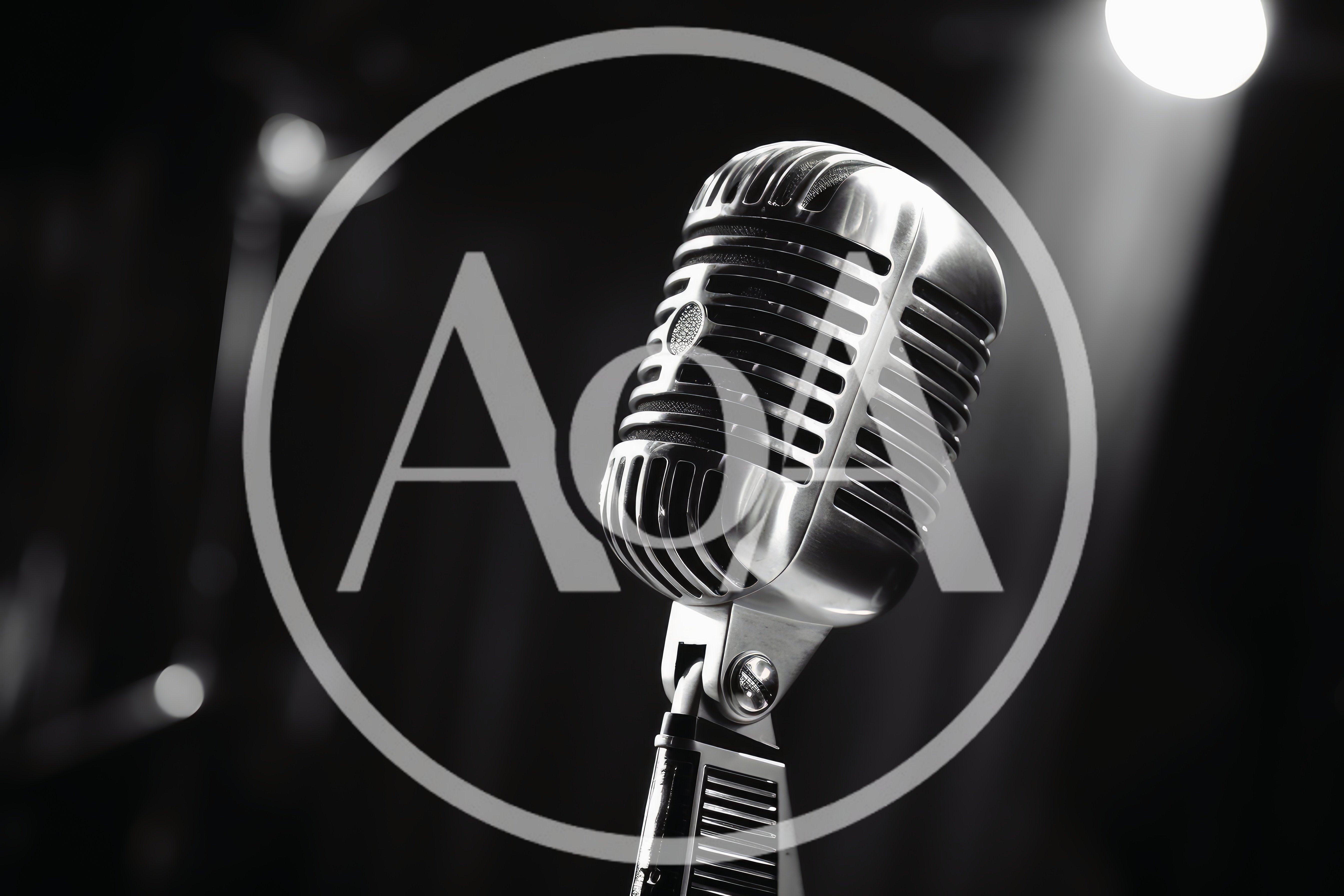 Vintage Silver Microphone Under Dramatic Stage Spotlight