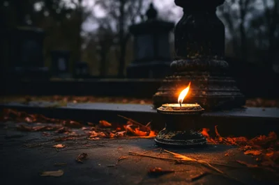 Lit Memorial Candle On A Dark Cemetery Grave