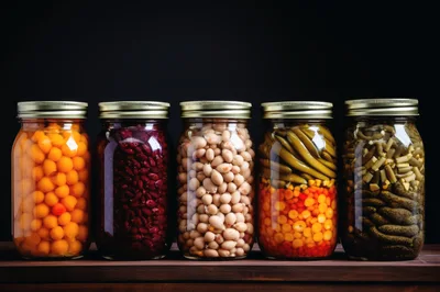 Five Glass Jars Filled With Preserved Vegetables