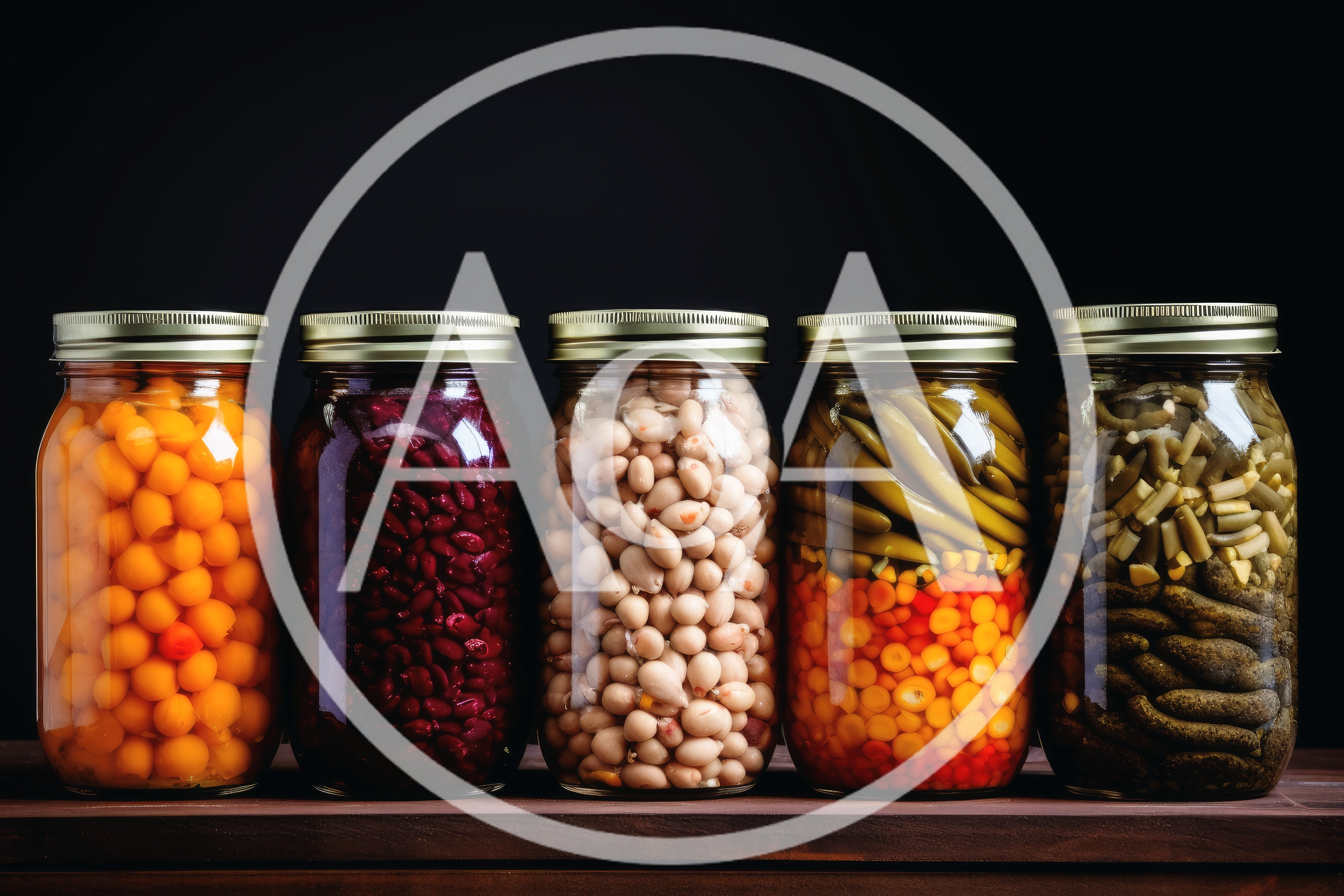 Five Glass Jars Filled With Preserved Vegetables