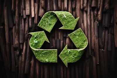 Recycle Symbol Made Of Green Moss On Wood