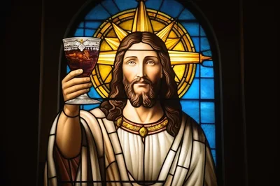 Stained Glass Depiction Of Jesus Holding A Chalice