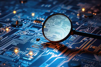 Magnifying Glass Over Electronic Circuit Board