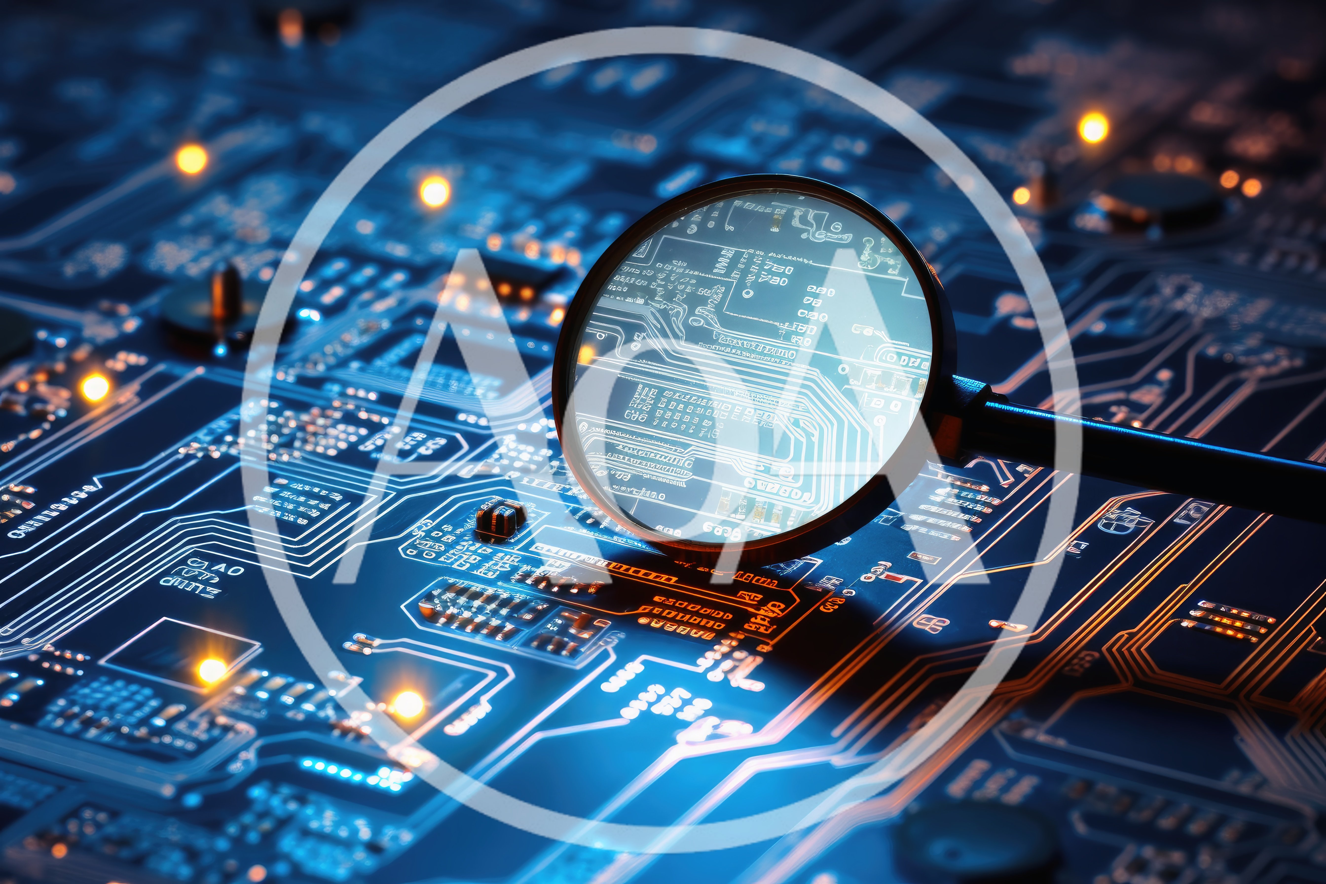 Magnifying Glass Over Electronic Circuit Board