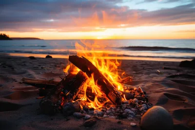 Bonfire Burning on a Sandy Beach at Sunset
