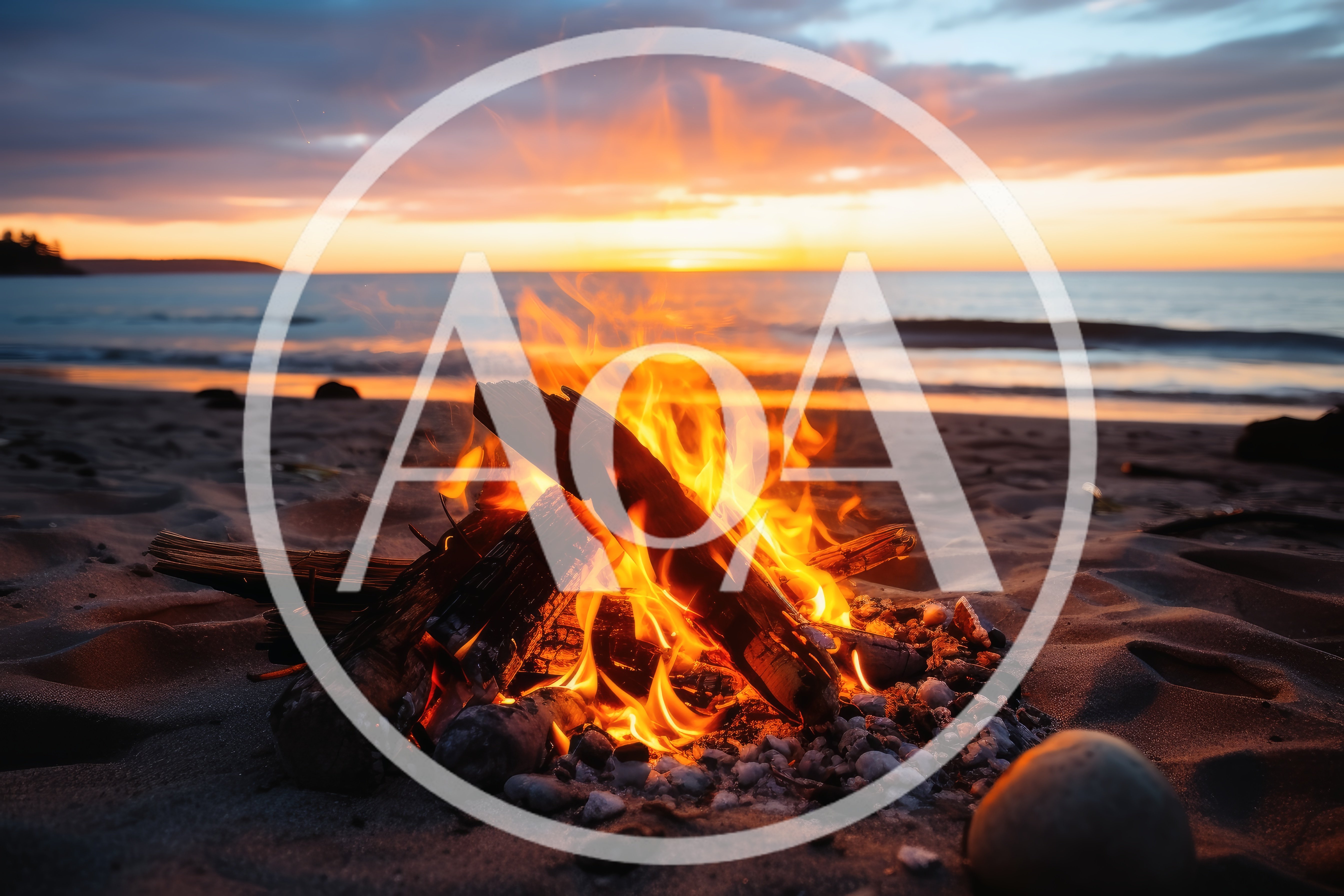 Bonfire Burning on a Sandy Beach at Sunset
