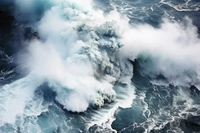Aerial View Of Massive Ocean Wave Crashing Against Rocks