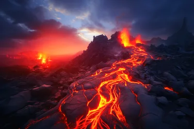 Volcanic Eruption With Molten Lava Flowing Down Mountain