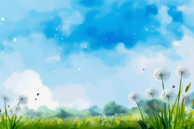 Watercolor Illustration Of Dandelions In A Sunny Meadow