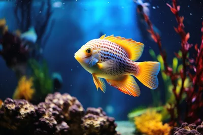 Vibrant Green Terror Cichlid Swimming In Aquarium