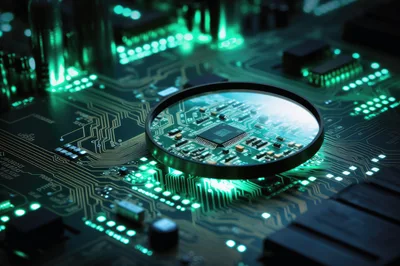 Magnifying Glass Over Computer Circuit Board