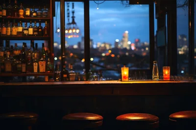 Empty Rooftop Bar Counter With City Skyline View