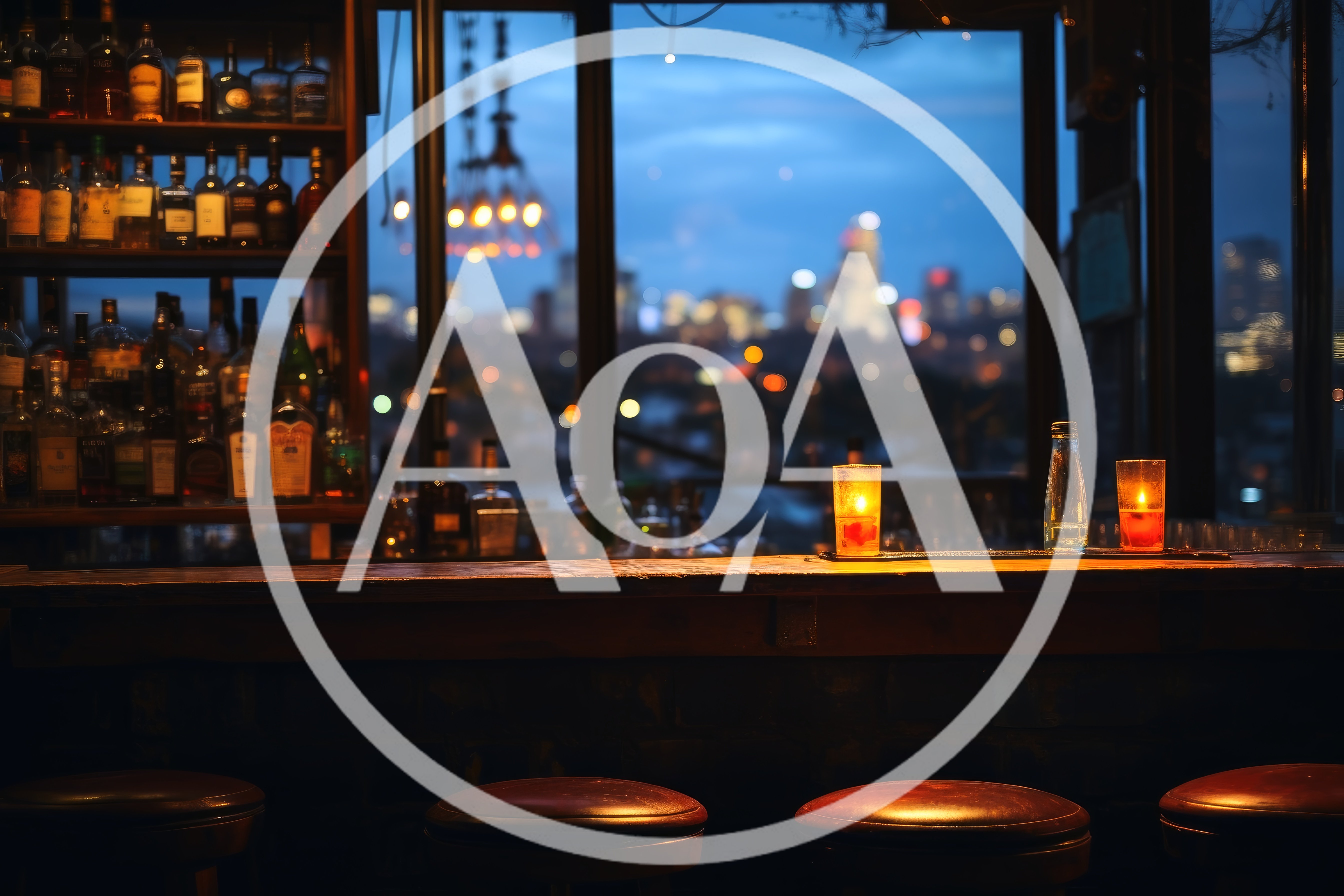 Empty Rooftop Bar Counter With City Skyline View