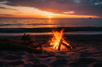 Bonfire Burning On A Sandy Beach At Sunset