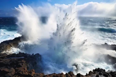 Powerful Ocean Wave Crashing Against Rocky Shoreline