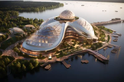 Futuristic Architectural Complex On A Lakeside Waterfront