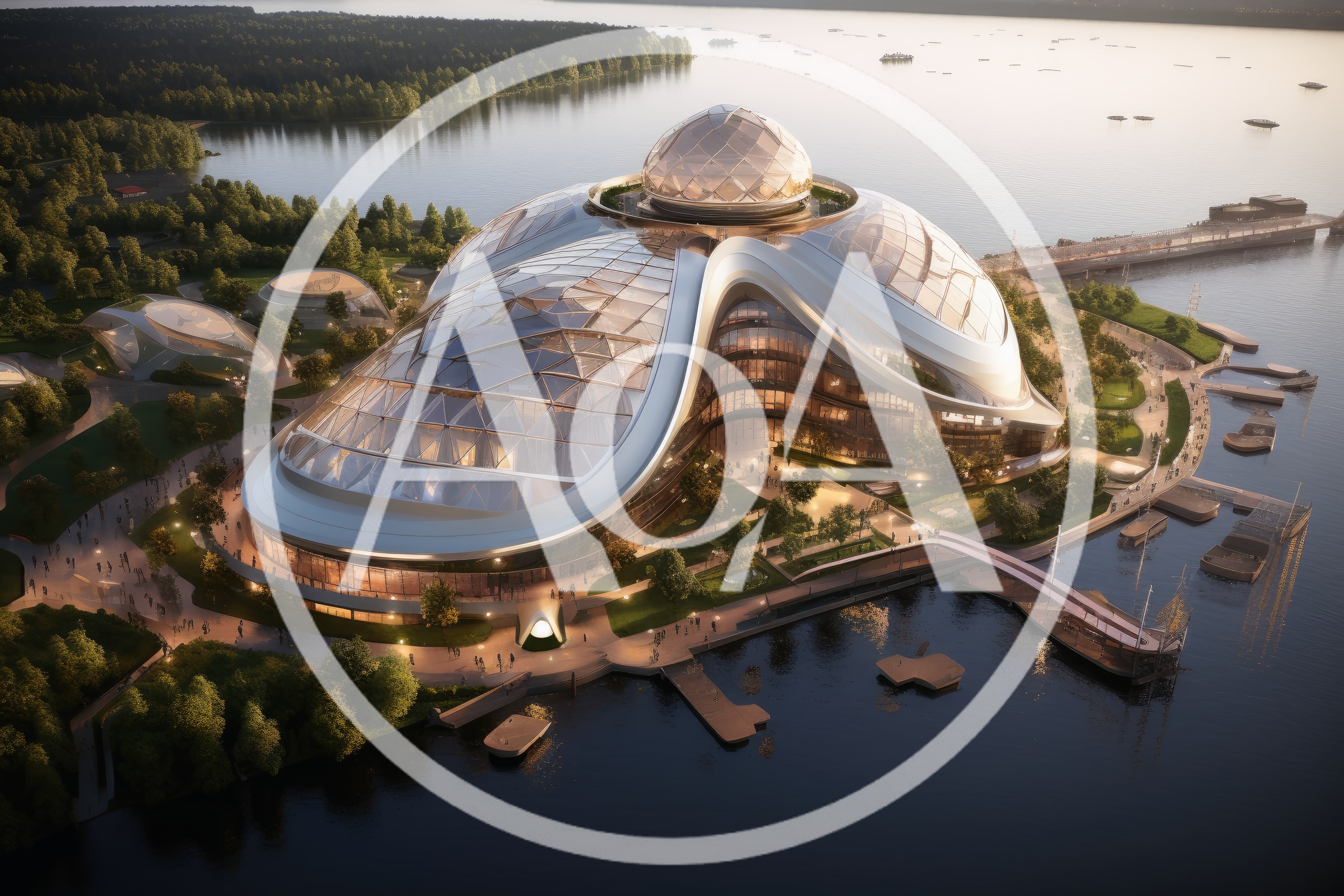 Futuristic Architectural Complex On A Lakeside Waterfront