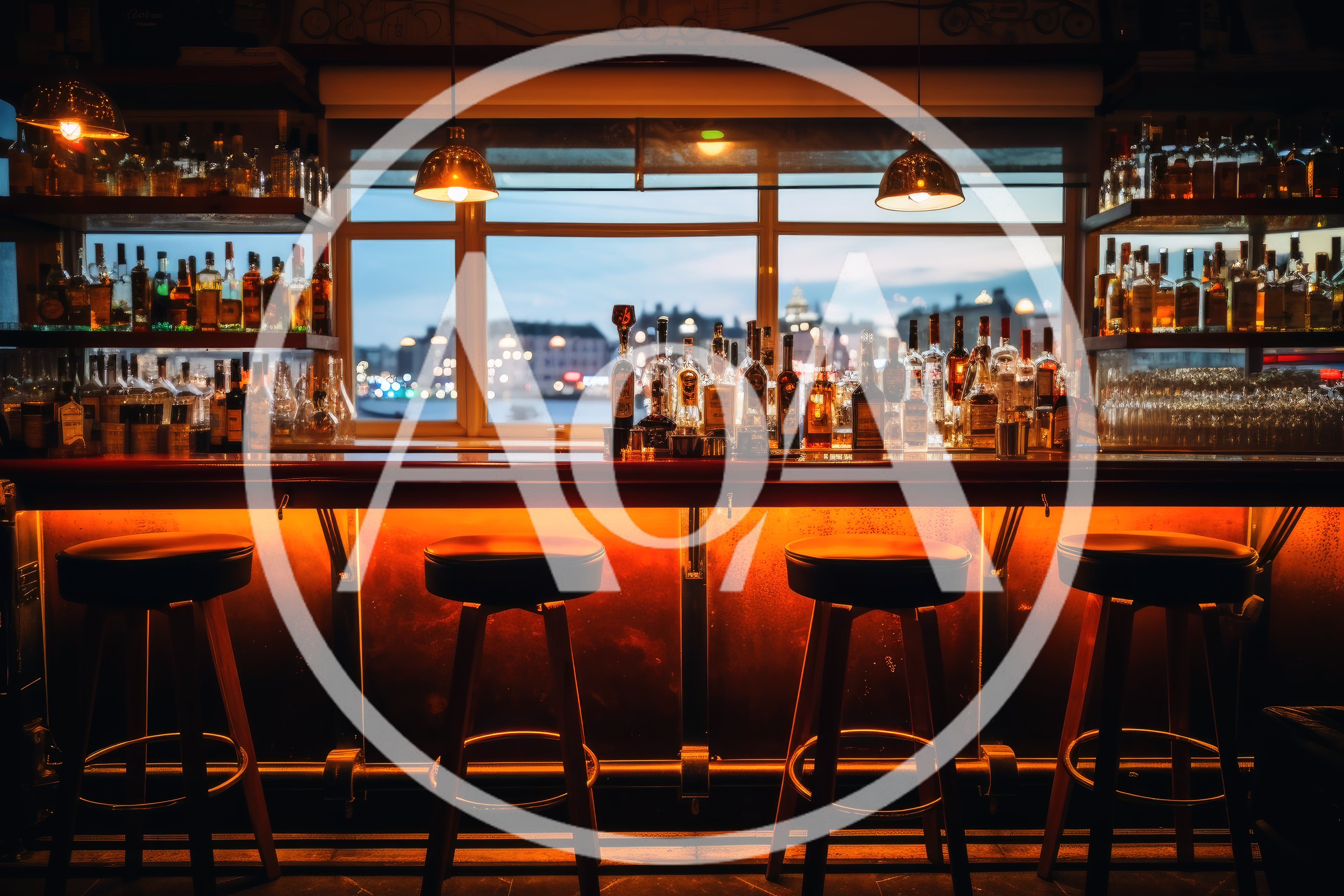 Empty Bar Counter With Stools And City View