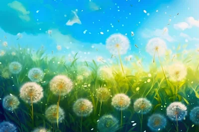 Dandelion Field Under A Bright Sunny Sky