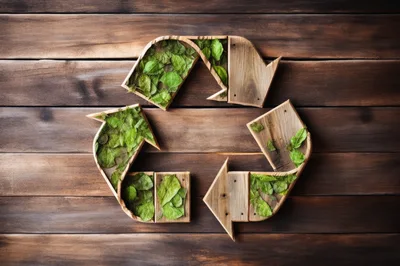 Wooden Recycle Symbol Filled With Green Leaves