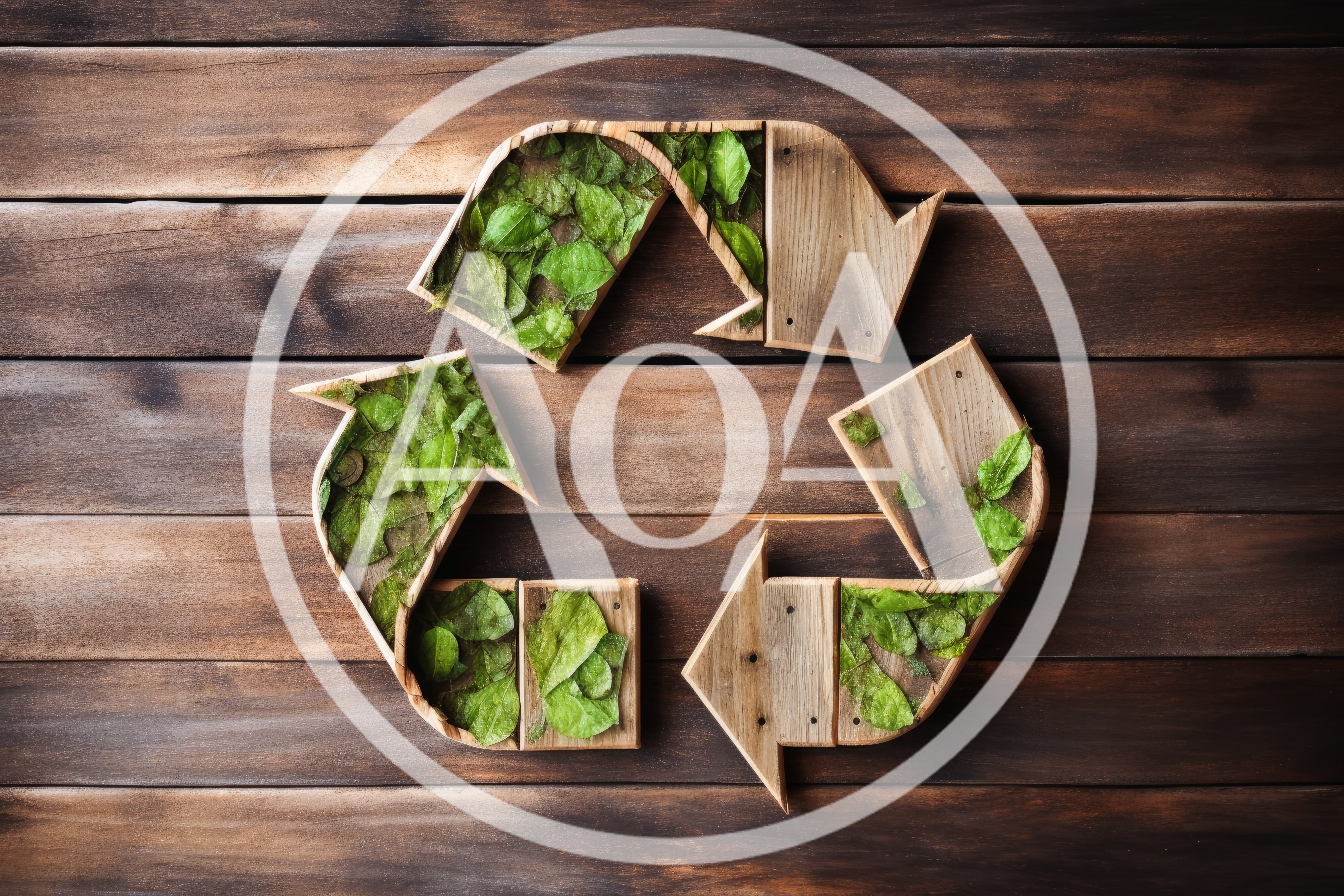 Wooden Recycle Symbol Filled With Green Leaves