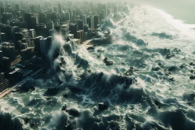 Massive Tsunami Wave Striking A Coastal City