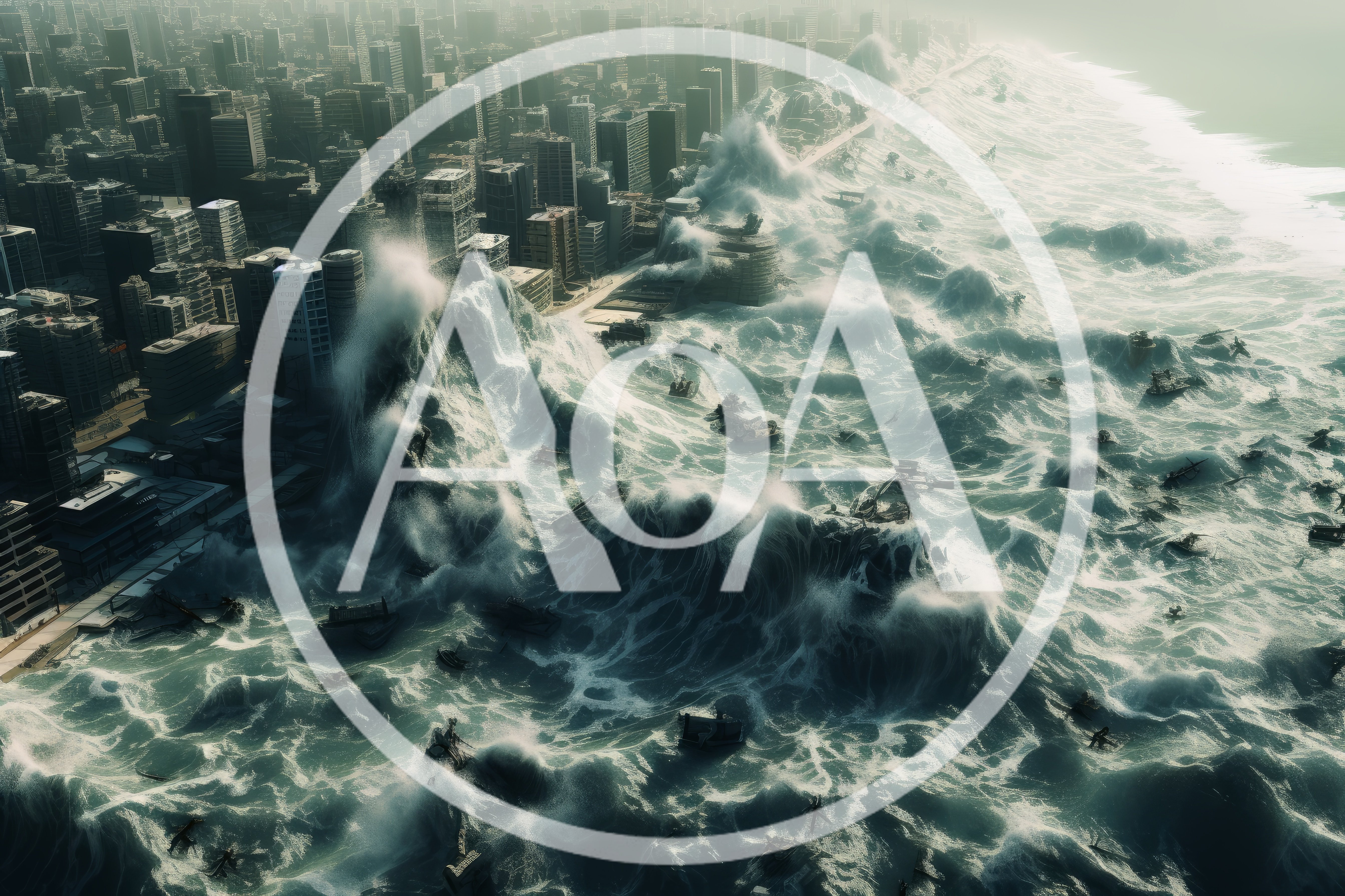 Massive Tsunami Wave Striking A Coastal City