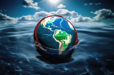 Earth Globe Partially Submerged in Deep Ocean Waters