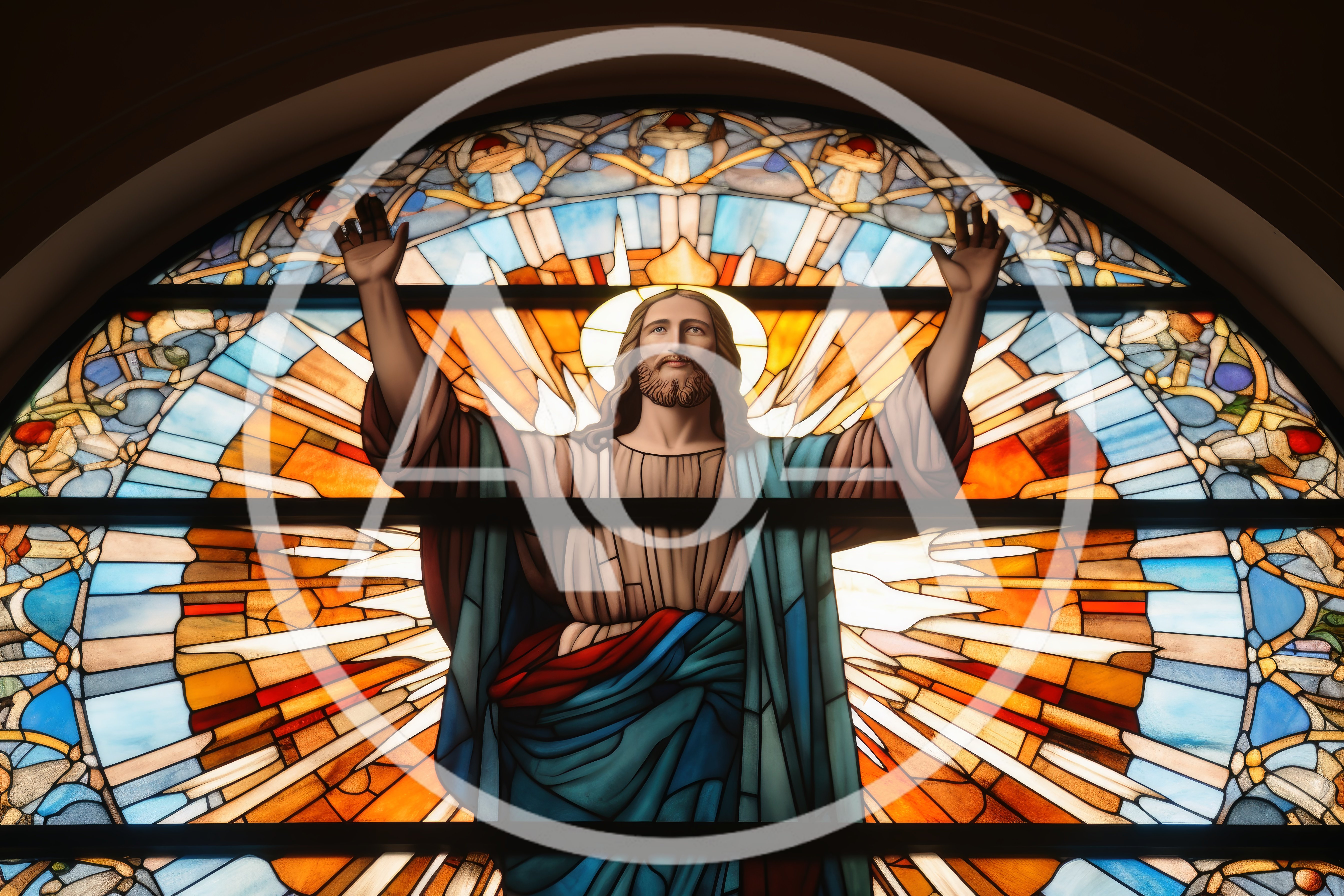 Stained Glass Window Depicting Jesus Christ With Raised Arms