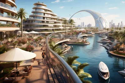 Futuristic Waterfront Promenade With Luxury Yachts And Architecture