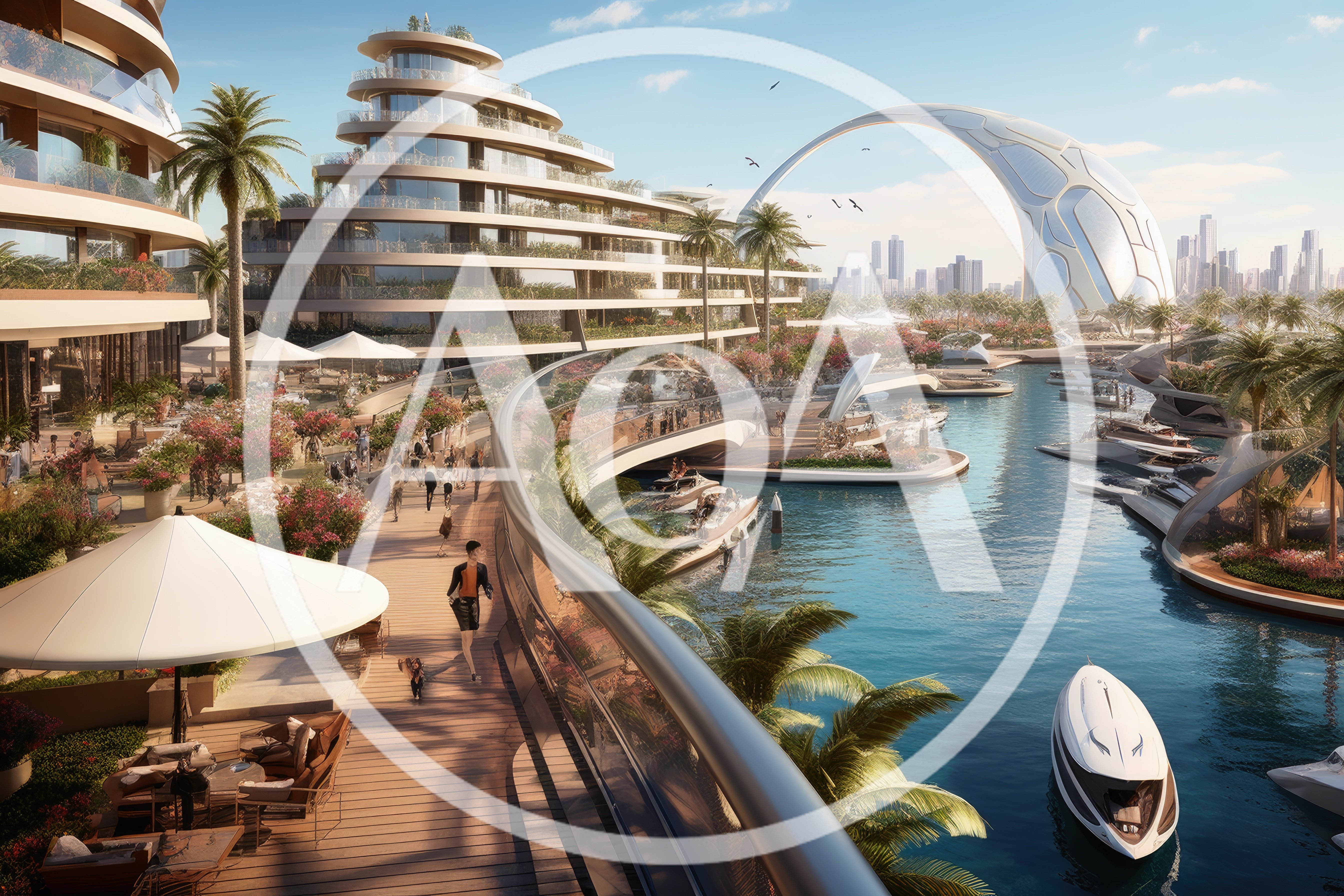 Futuristic Waterfront Promenade With Luxury Yachts And Architecture