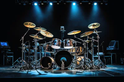 Professional Drum Kit Set Up On Concert Stage
