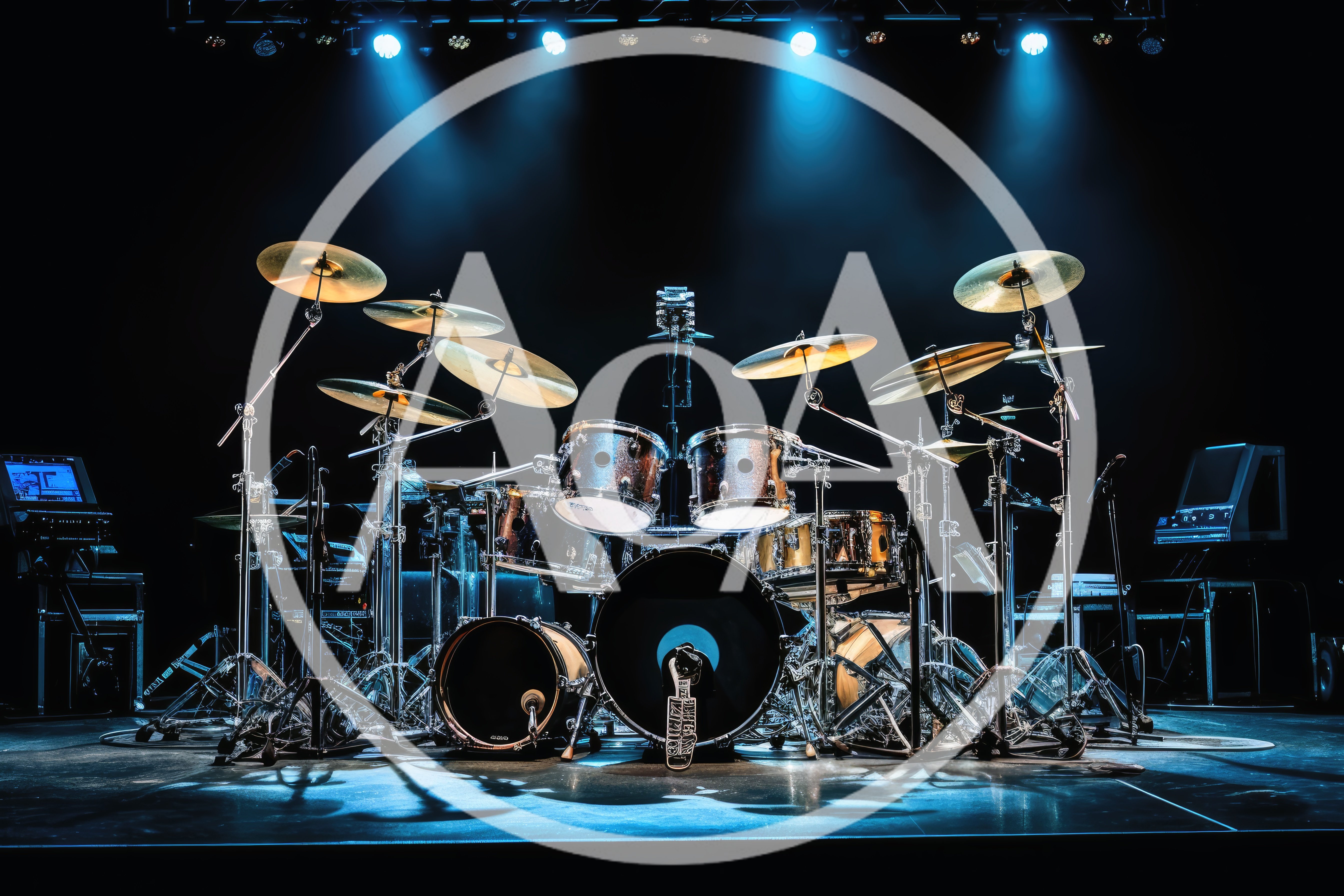 Professional Drum Kit Set Up On Concert Stage