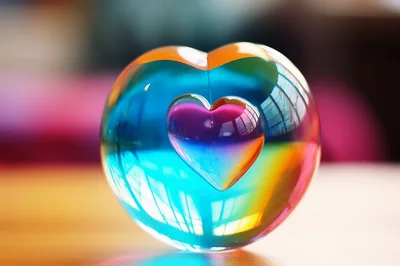 Iridescent Glass Heart Sculpture On Wooden Surface