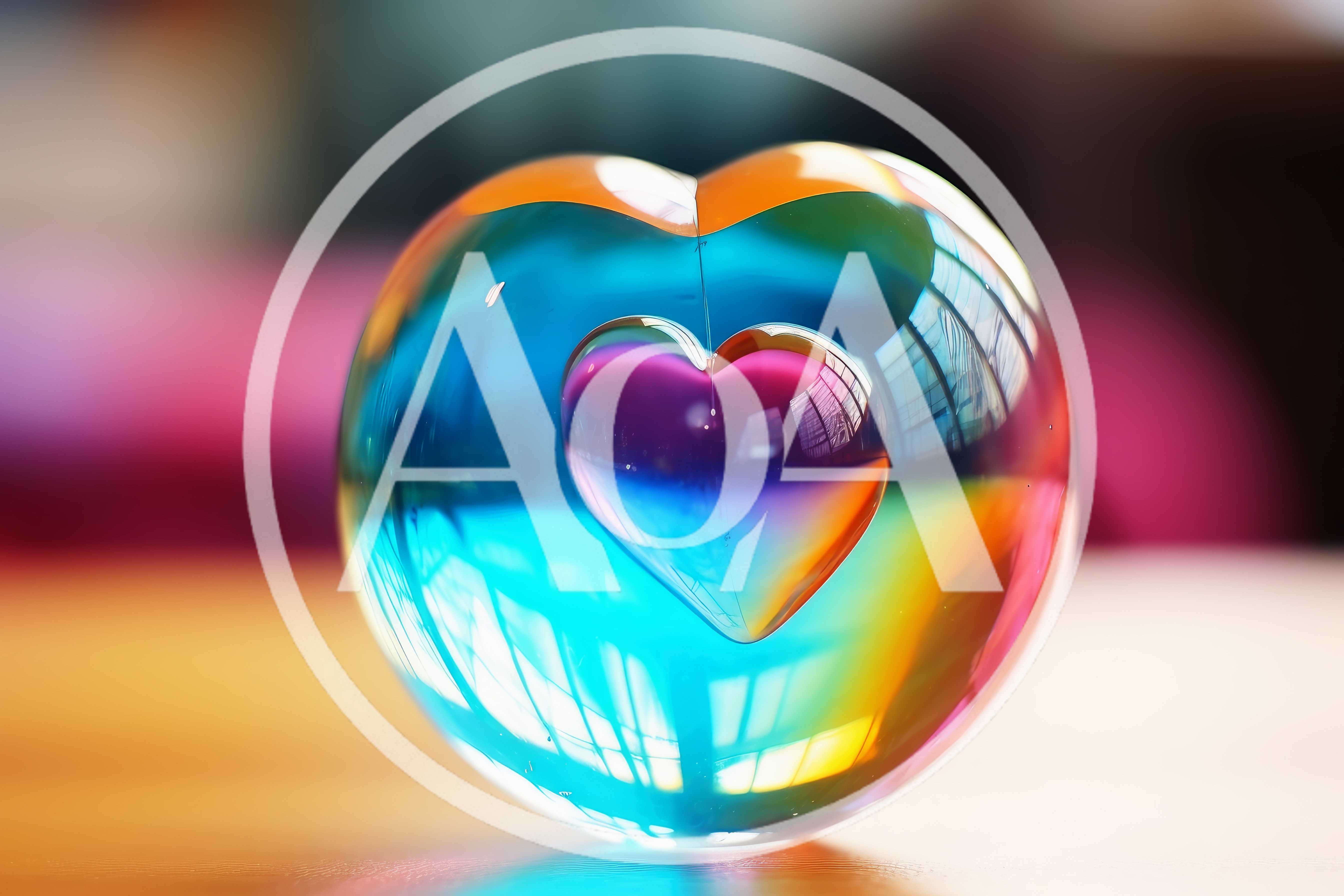 Iridescent Glass Heart Sculpture On Wooden Surface