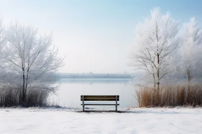 Empty Wooden Bench Overlooking A Frozen Winter Lake
