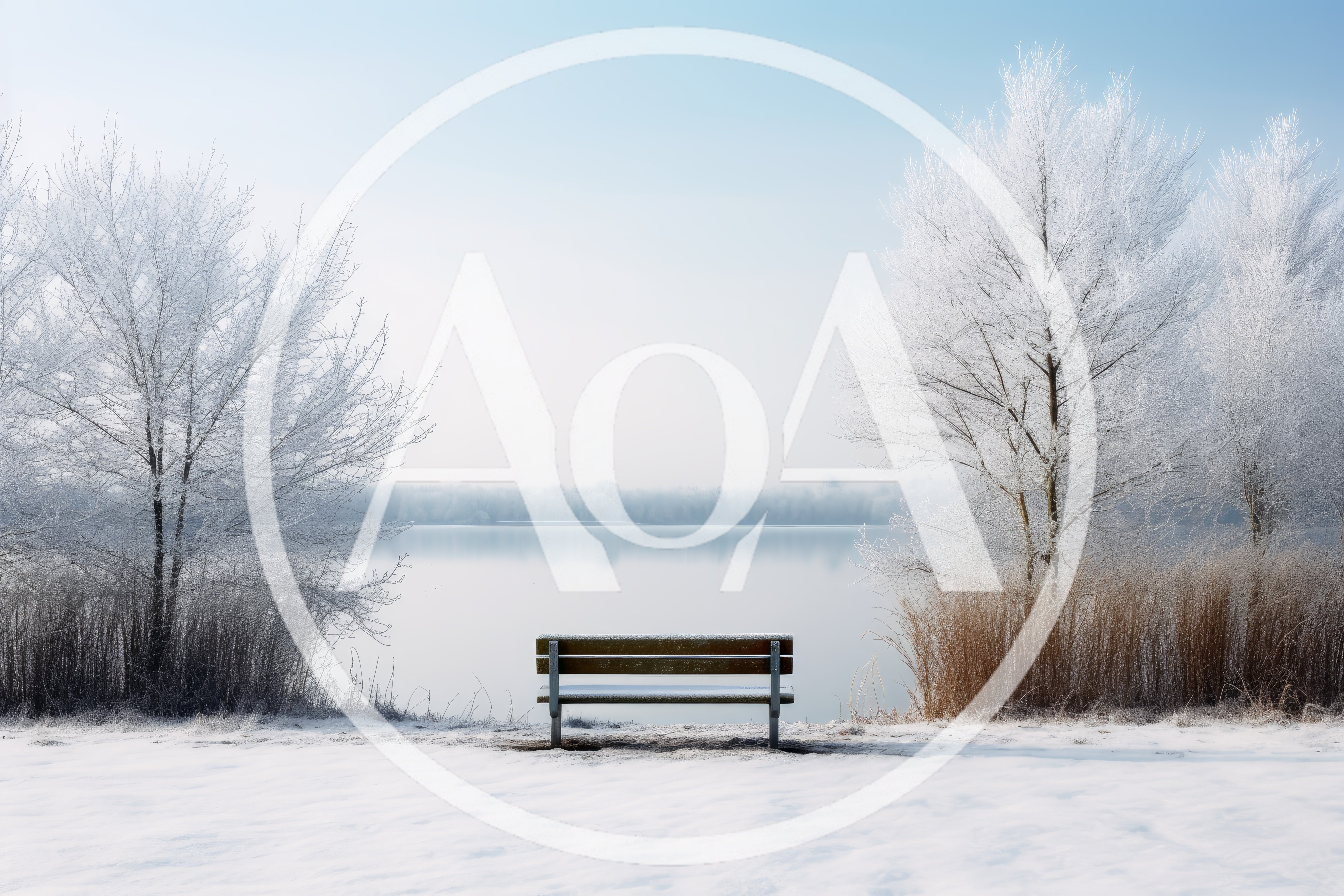 Empty Wooden Bench Overlooking A Frozen Winter Lake