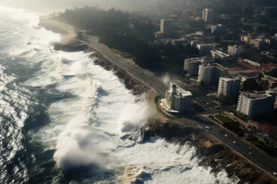 Aerial View Of Coastal Highway With Crashing Ocean Waves