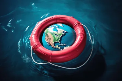Earth Globe Floating Inside A Red Lifebuoy