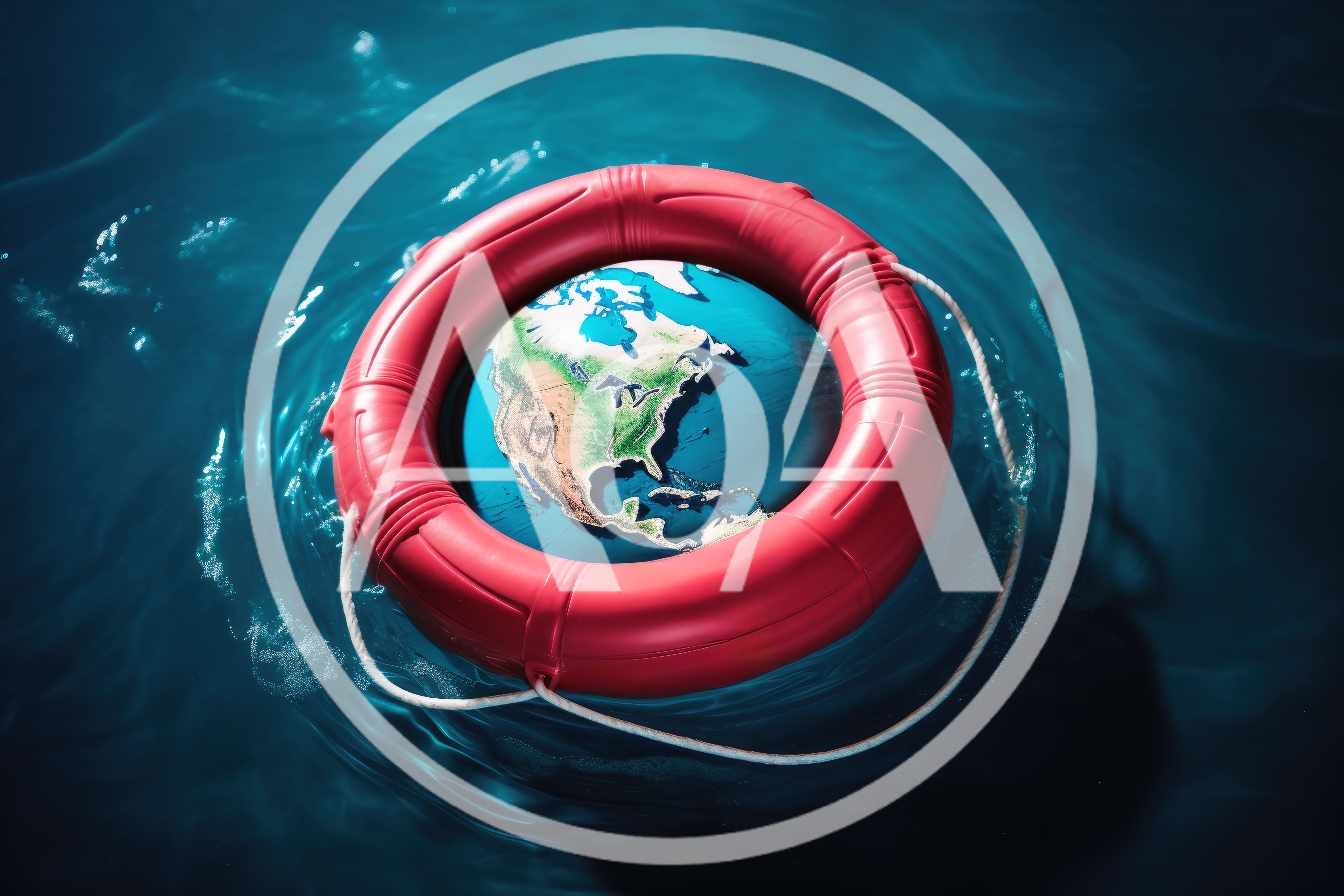 Earth Globe Floating Inside A Red Lifebuoy