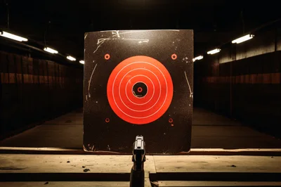 Handgun Aimed At A Red Target In A Shooting Range