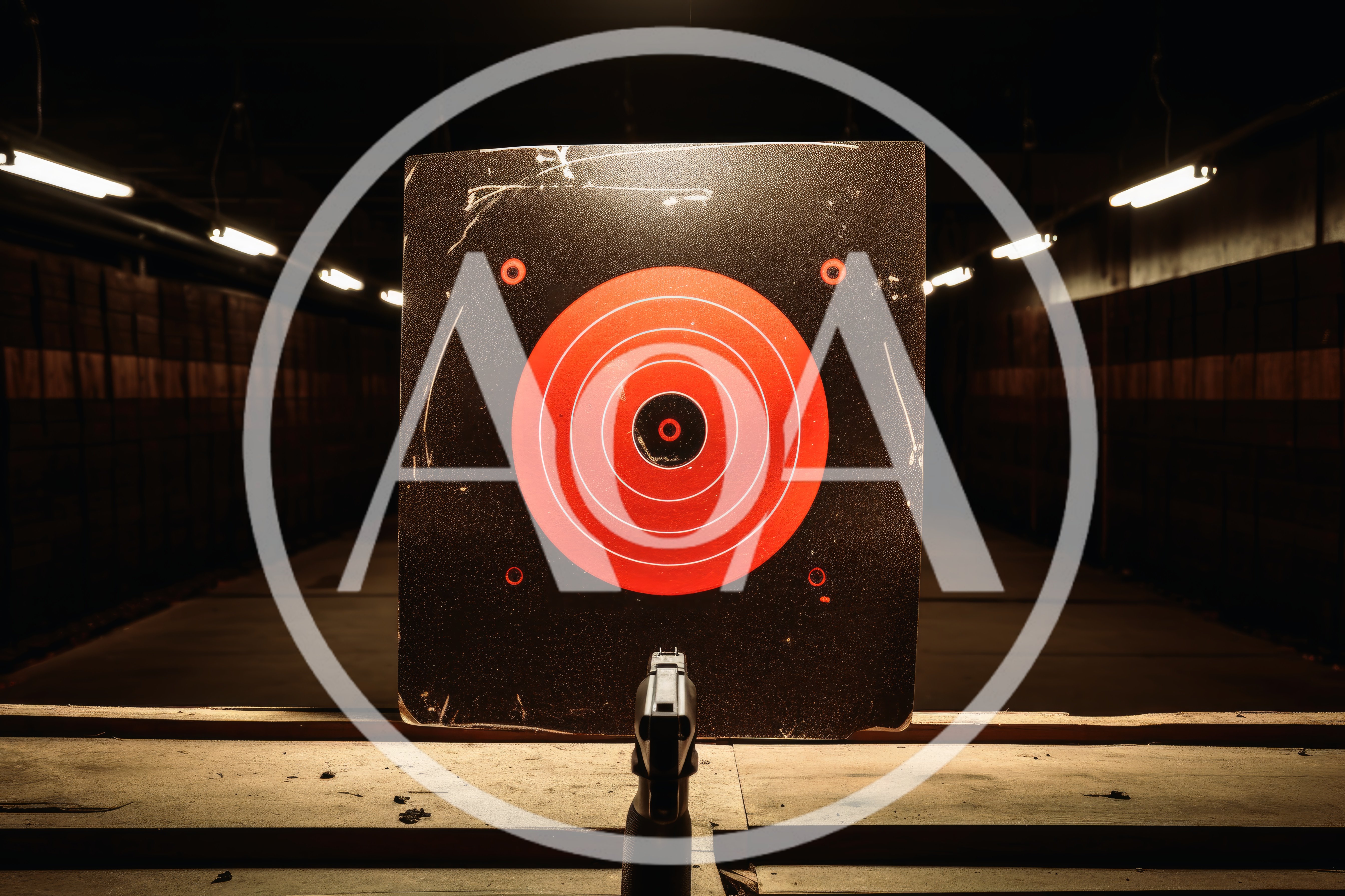 Handgun Aimed At A Red Target In A Shooting Range