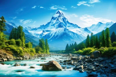 Majestic Snow Capped Mountain Peak Above A Rushing River