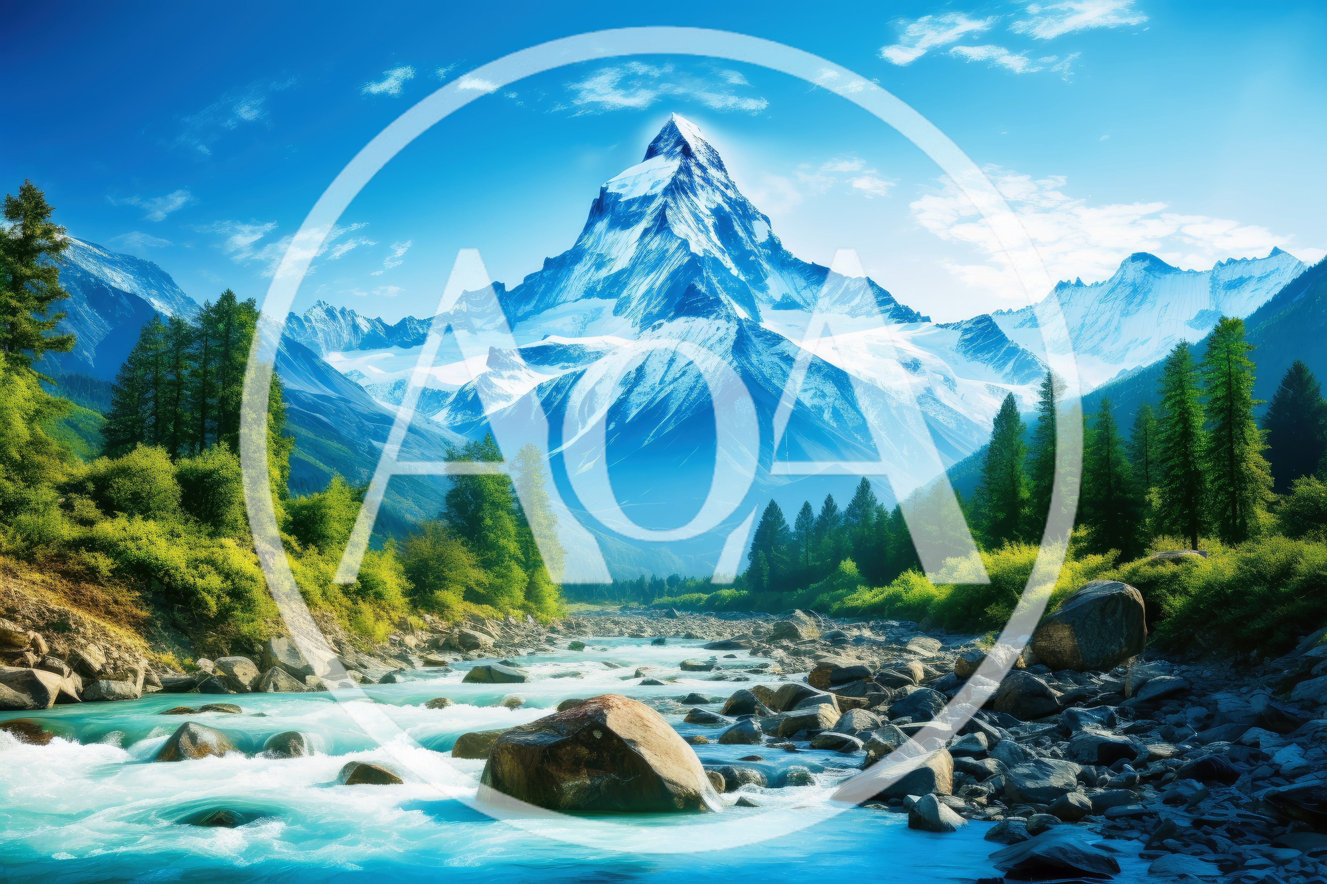Majestic Snow Capped Mountain Peak Above A Rushing River