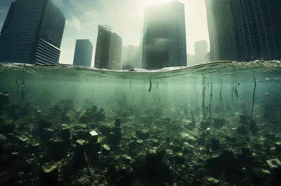 Submerged Cityscape With Skyscrapers Above And Underwater Debris Below