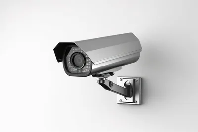 Modern Silver Security Camera Mounted On White Wall