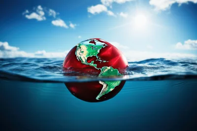 Red Globe Floating Half Submerged In Ocean Water