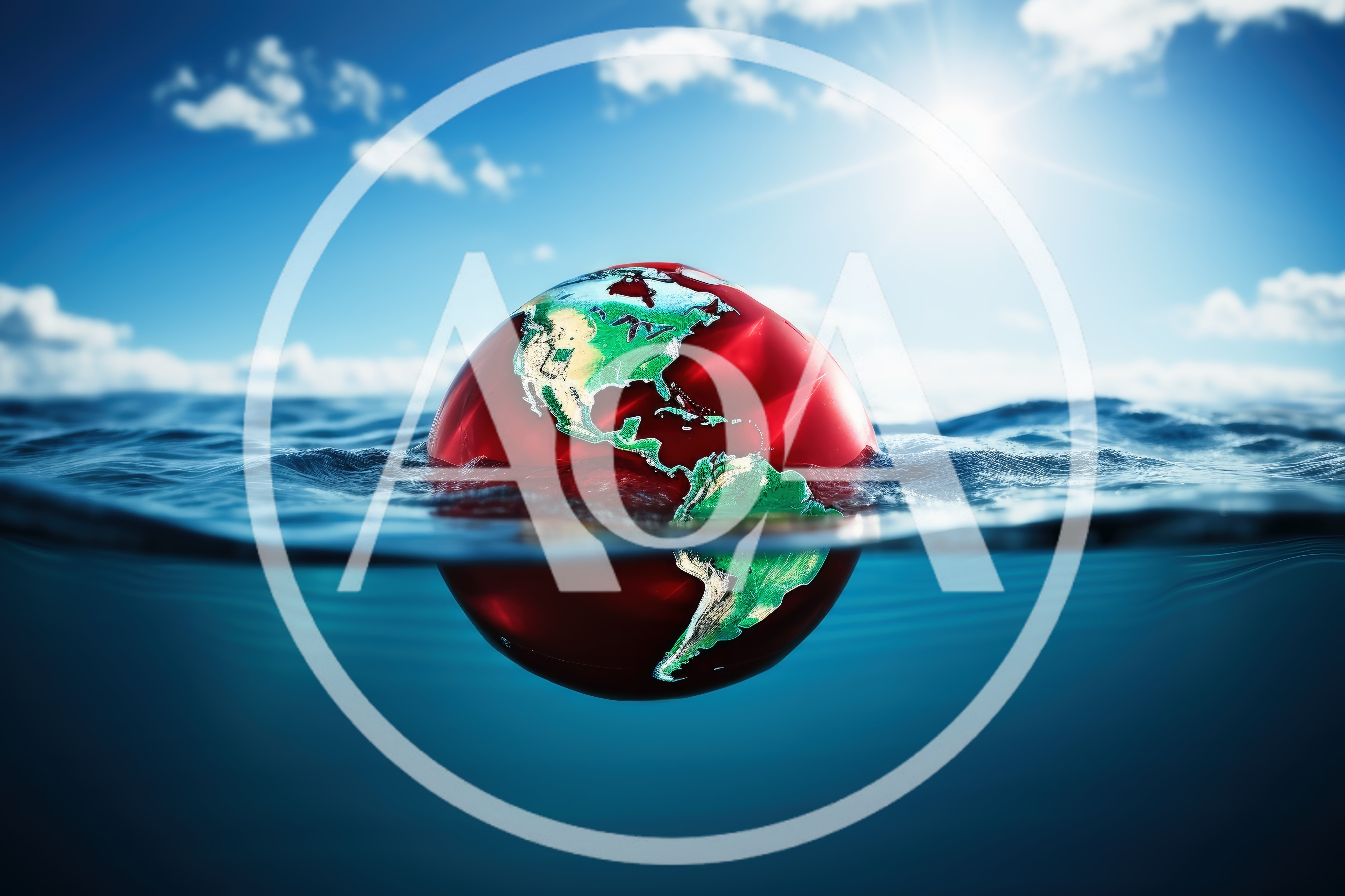 Red Globe Floating Half Submerged In Ocean Water