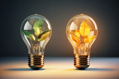 Two Light Bulbs Containing Green and Golden Leaves