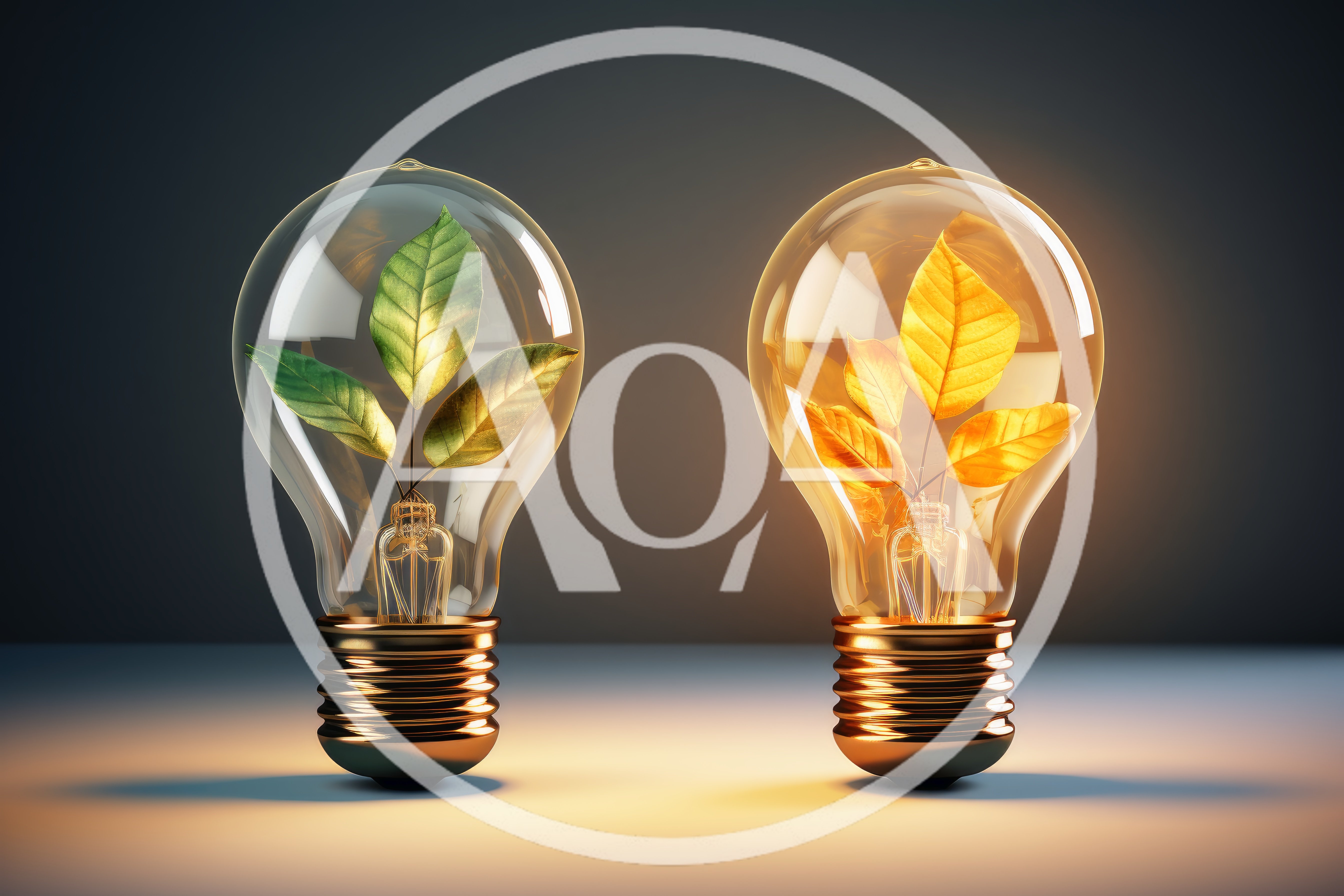Two Light Bulbs Containing Green and Golden Leaves